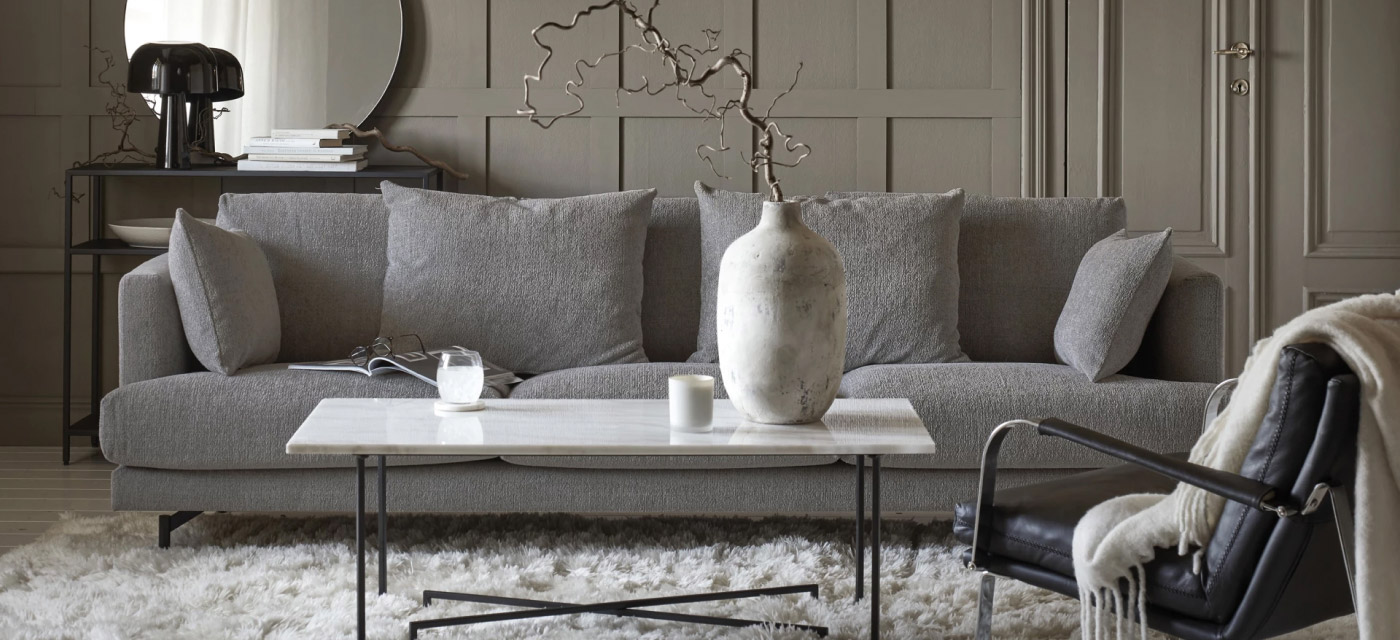 Gray sofa in a cozy living room